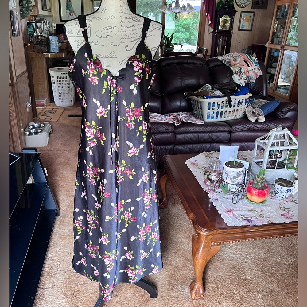 Vintage Enchanted Silky polyester floral slip dress adjustable straps Y2k.